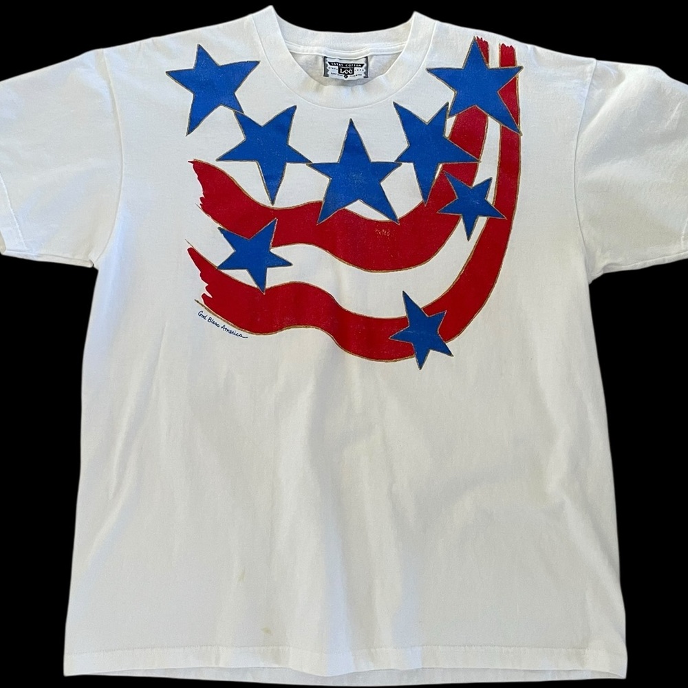 VINTAGE 90s LEE “TOTAL COTTON” PATRIOTIC GRAPHIC TEE Size L Red White Blue Gold - Picture 7 of 16